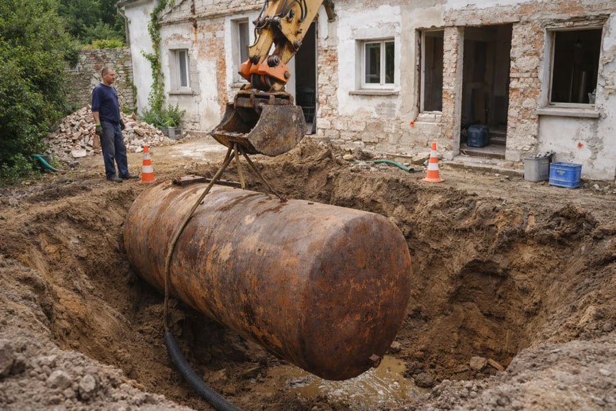 Cuve à fioul enterrée découverte lors de travaux devant une maison ancienne